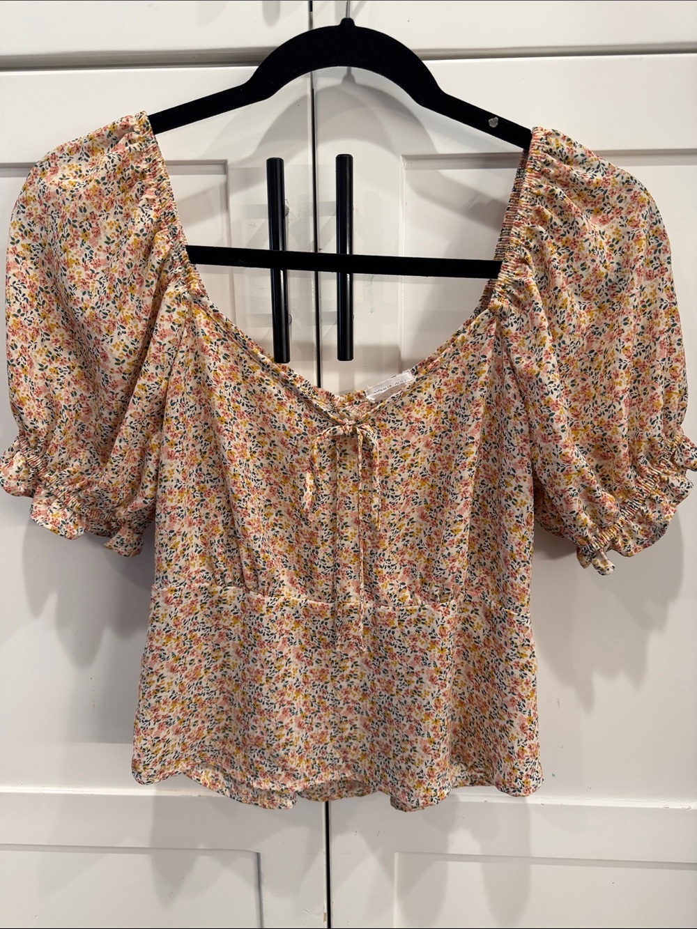 Sienna Sky Pink and Yellow Floral Puff-Sleeve Crop Top
